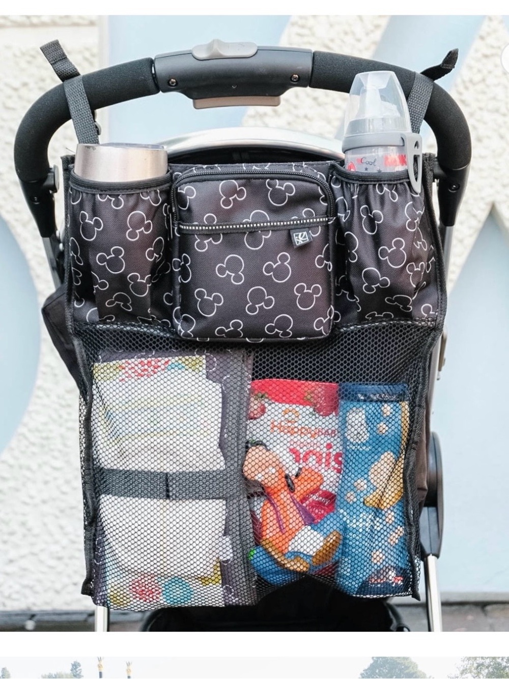 Black Kids Stroller Organizer Bag with Mickey-Style Print